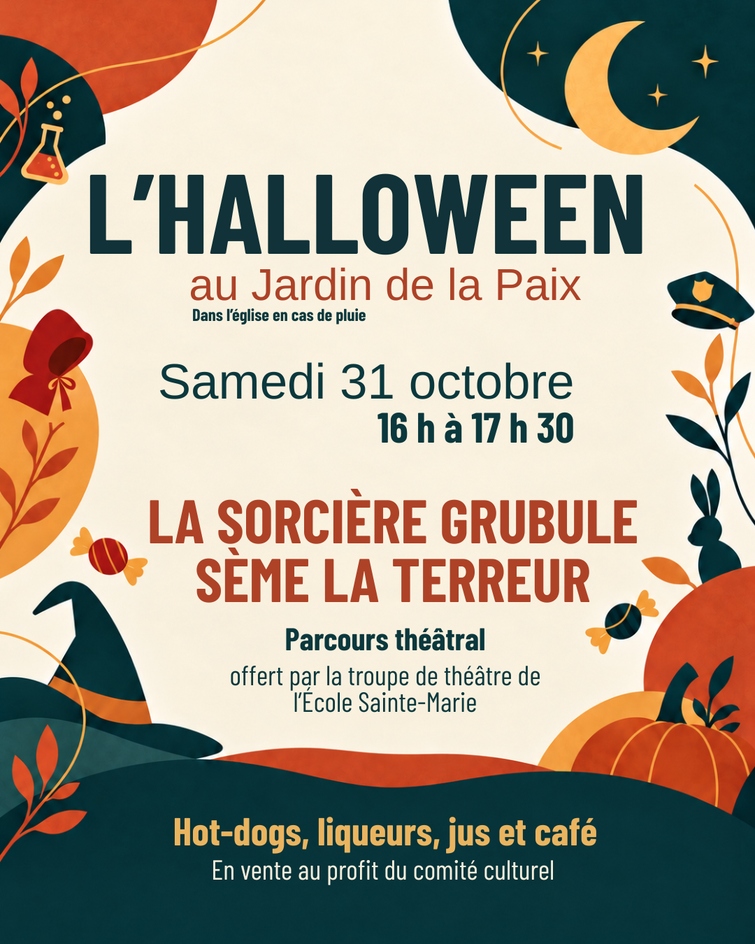 Affiche Halloween à Saint-Boniface : La sorcière Grubule sème la terreur, samedi 31 octobre 2026, de 16 h à 17 h 30 au Jardin de la paix; dans l’église en cas de pluie.